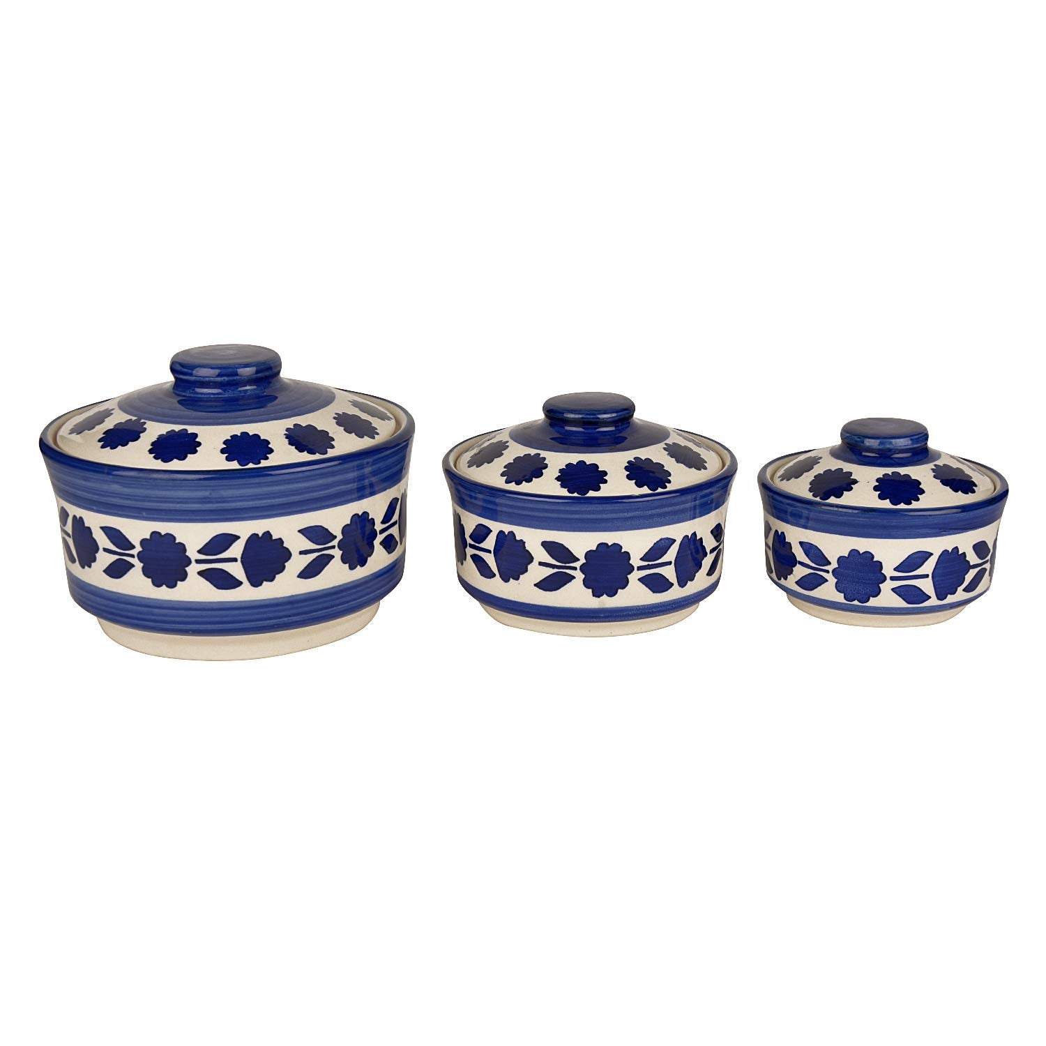 Studio Pottery Hand Painted Ceramic Serving Donga With Lid Casserole Set Of 3 - 900ml, 500ml & 300ml, White & Blue | Dinner Serving Set - Stackable Kitchen Bowl Set