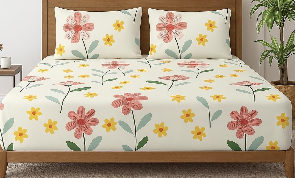 1 Bedsheet For Double Bed With 2 Pillow Covers - 90 X 100 Inches, Multicolor | Premium Cotton Material Double Bedsheet Queen Size | Skin Friendly & Long Lasting