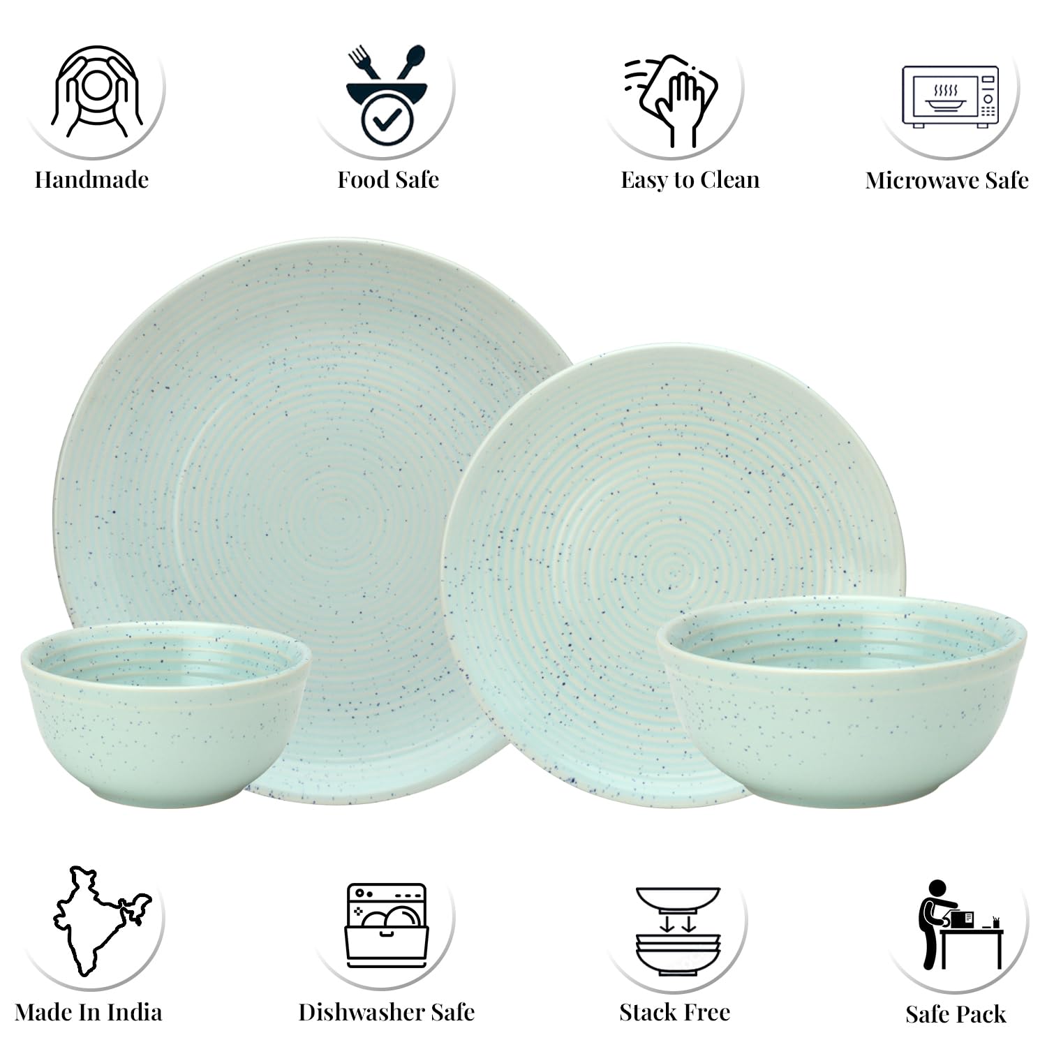 Handcrafted Ceramic Stoneware Dinner Set Of 14 Pieces With Serving Bowl Set - Mint Green | 4 Dinner Plates + 4 Small Plates + 4 Dinner Bowl, 180ml Each+ 2 Serving Bowl, 1000ml Each - Microwave Safe