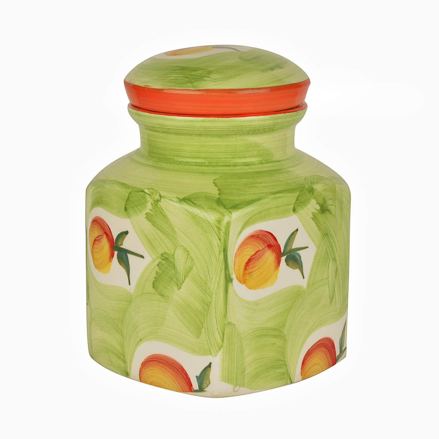 Hand Painted Ceramic Square Jar (Burni) With Lid 2000ml, Green & Orange | Ceramic Multi-Utility Storage Jar - Pickle Storage Jar