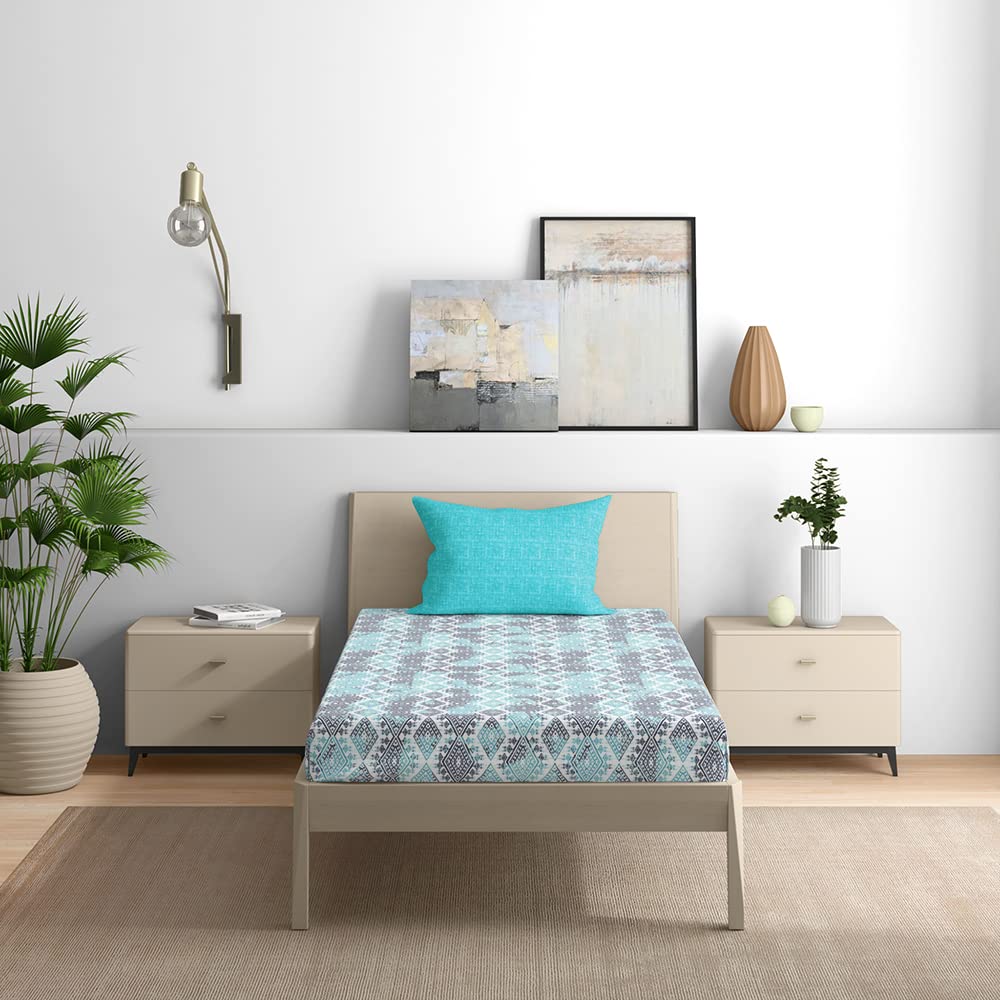 Cotton Elastic Fitted Single Bedsheet With 1 Pillow Cover | 72 X 36 Inches, Sky Blue & Black - Breathable & Durable, Soft & Perfect For All Seasons