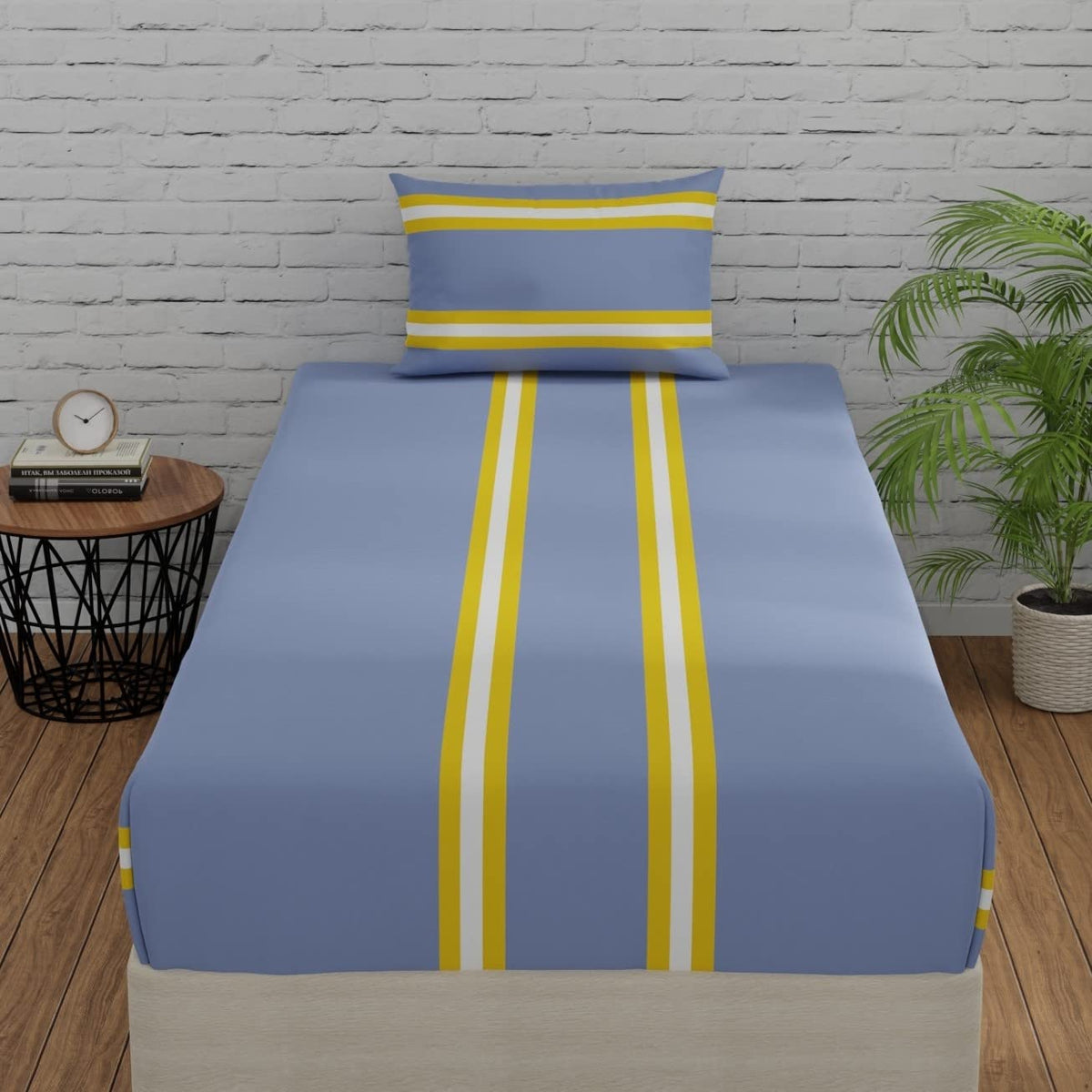 Single Bedsheets With 1 Pillow Cover - 55 X 88 Inches, Stripes Grey & Yellow | Soft & Breathable Fabric | Comfortable For Daily Use