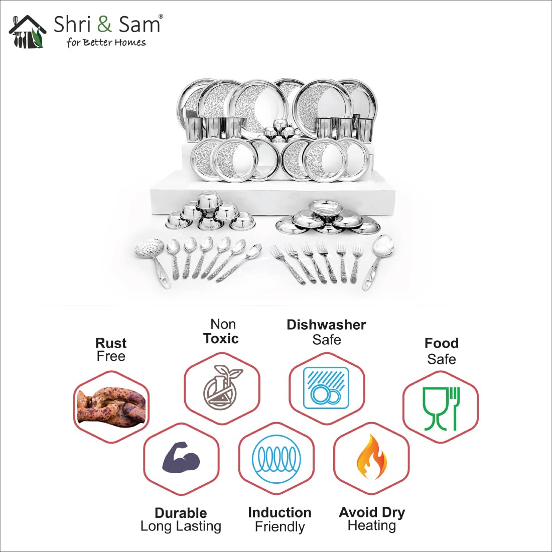 Designer Stainless Steel Delight Laser Bloom Dinner Set Of 50 Pieces, Silver | Easy To Clean & Dishwasher Safe