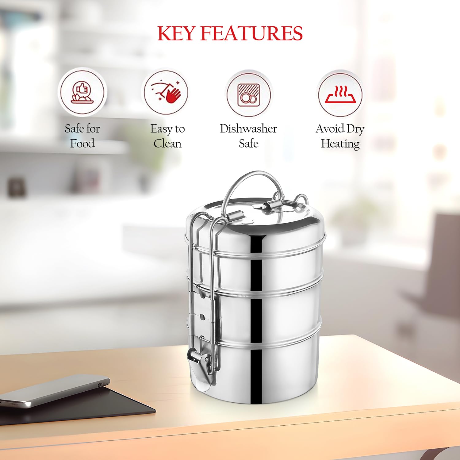 Silver Stainless Steel Tiffin Storage Container With Lid & Classic Lock 3-Tier | Lunch Box For Office, College, School - Air Tight & Leakproof