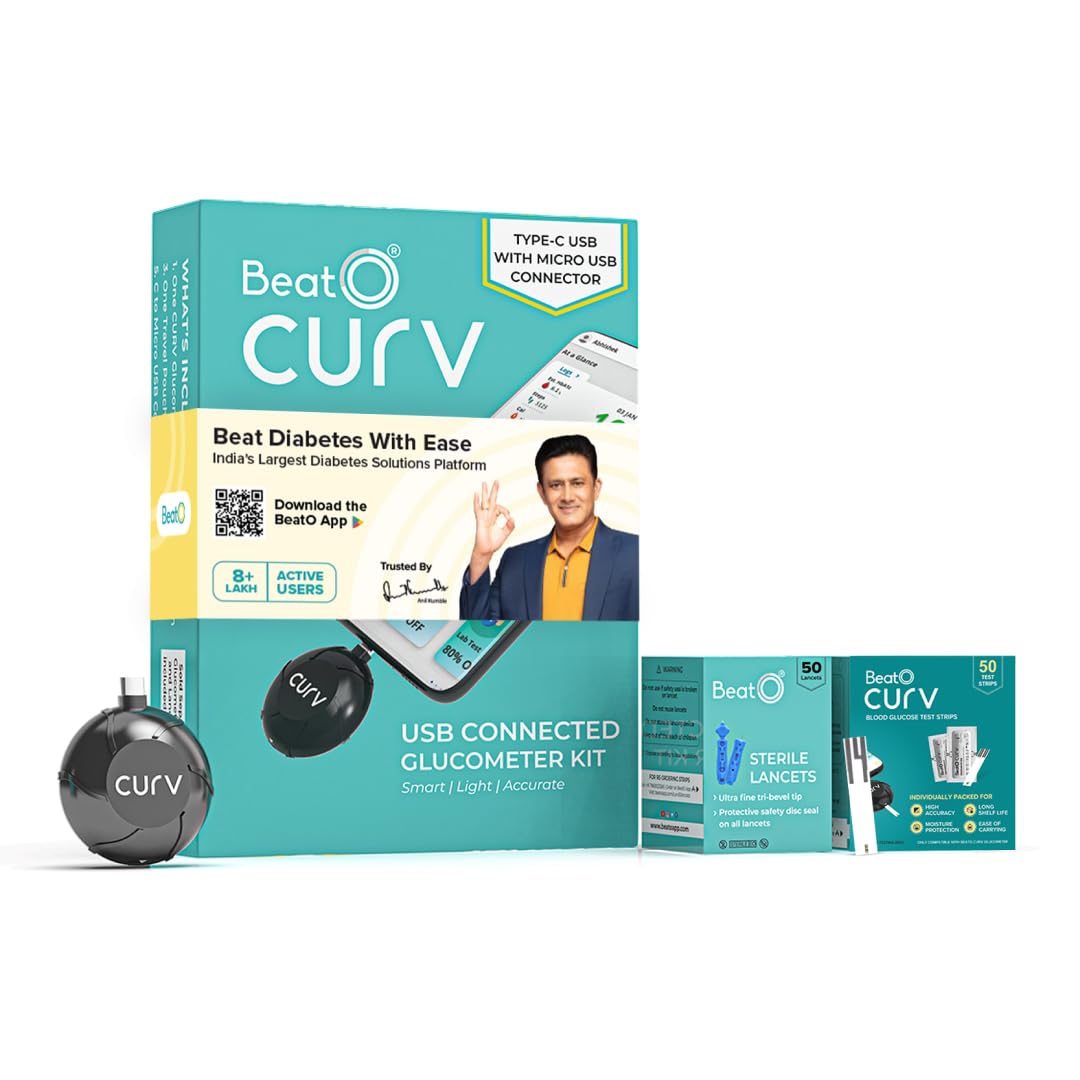 Beato Curv Sugar Test Machine | FREE 50 Strips & 50 Lancets (Type-C USB Connector) | Simple & accurate testing of Blood sugar levels at home |Smartphone Connected Glucometer Machine | Android only | ISO Certified: Made in India