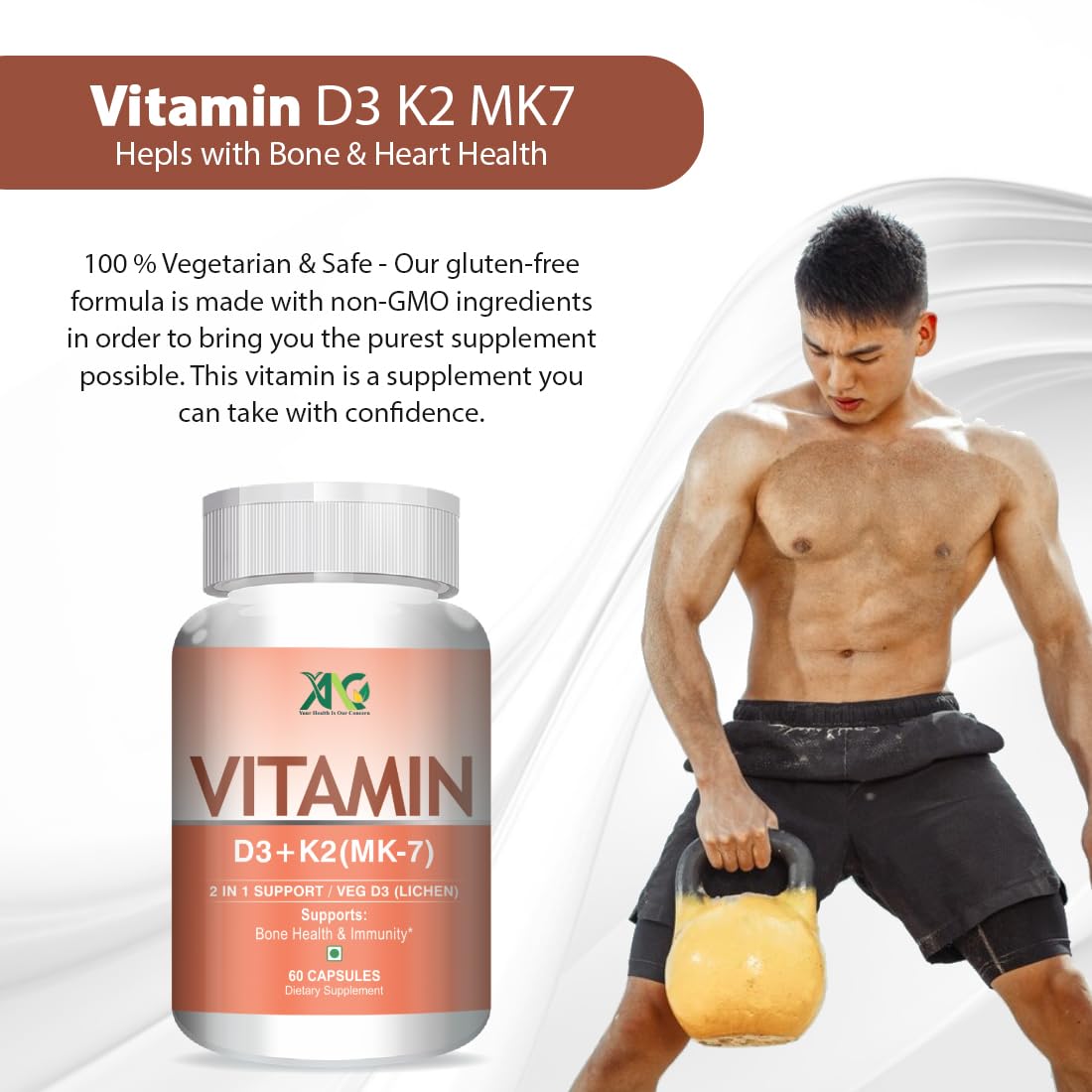 Anc Vitamin D3 K2 Mk7 Supplement, Supports Stronger Immunity & Bone & Heart Health For Men And Women | 60 Capsules, 100gm 0.2lbs