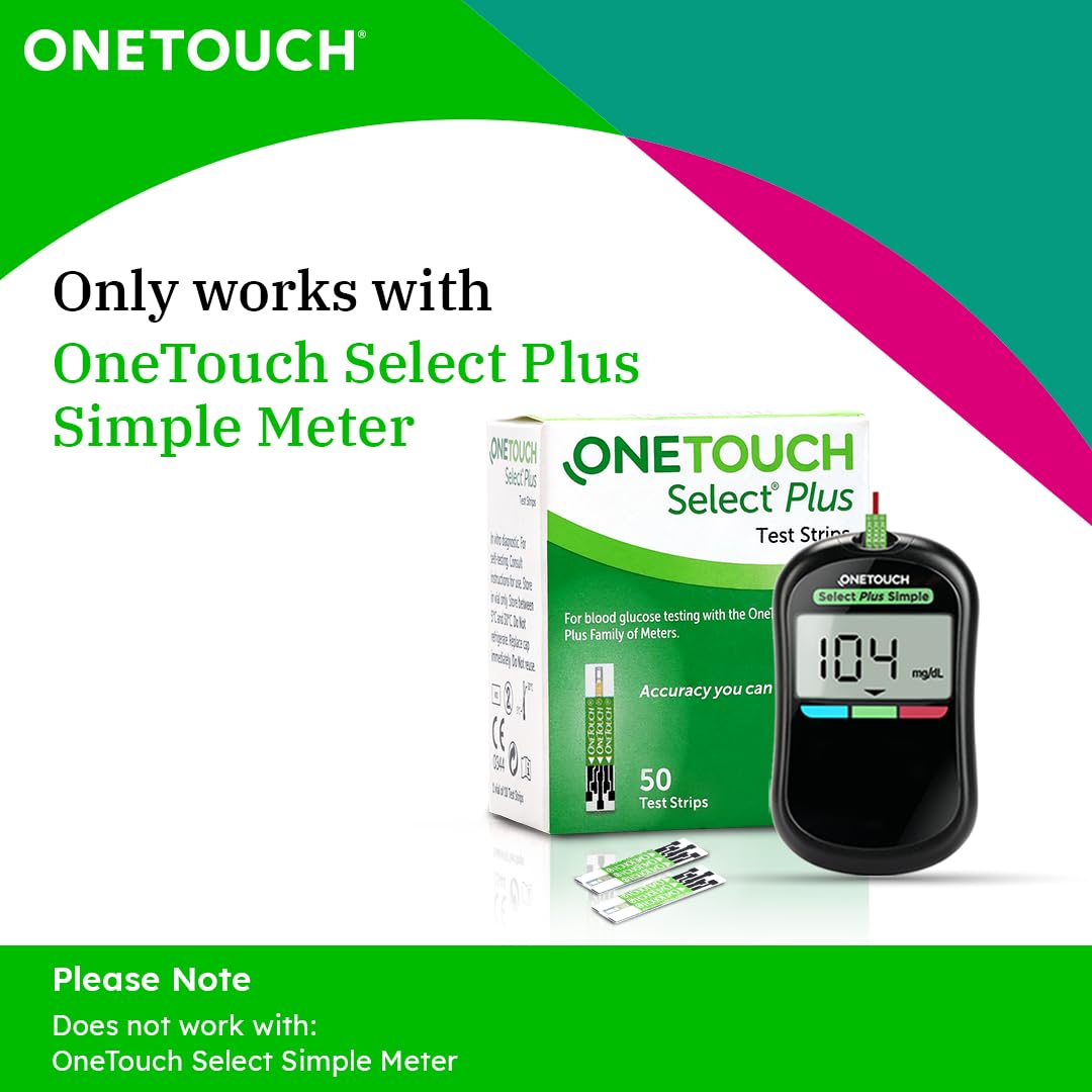 OneTouch Select Plus Test Strips - 2 Packs Of 50 Strips Each (Total 100 Strips) | Blood Sugar Test Machine Testing Strips - Global Iconic Brand | For Use With OneTouch Select Plus Simple Glucometer