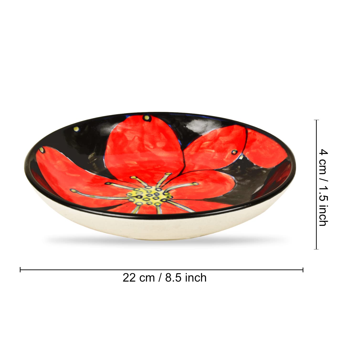 Hand Painted Ceramic Floral Round Pasta Serving Plates Set Of 4 - 8.5 Inches, Red & Black | Soup Plates - Ceramic Maggi Plates