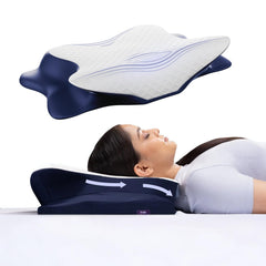 Cervical Butterfly Pillow, Orthopedic Memory Foam Pillow, Blue & White | For Neck & Shoulder Pain Relief | Ergonomic Contours, Pillow For Side Sleepers With Arm Support - Pack Of 1