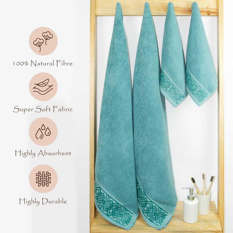 Rangoli 100% Cotton Fibre 2 Hand & 2 Bath Towel 1400 Gsm | Highly Durable & Absorbent Towel | Skin-Friendly & Quick Drying Luxury Towels (Blue) - Pack Of 4