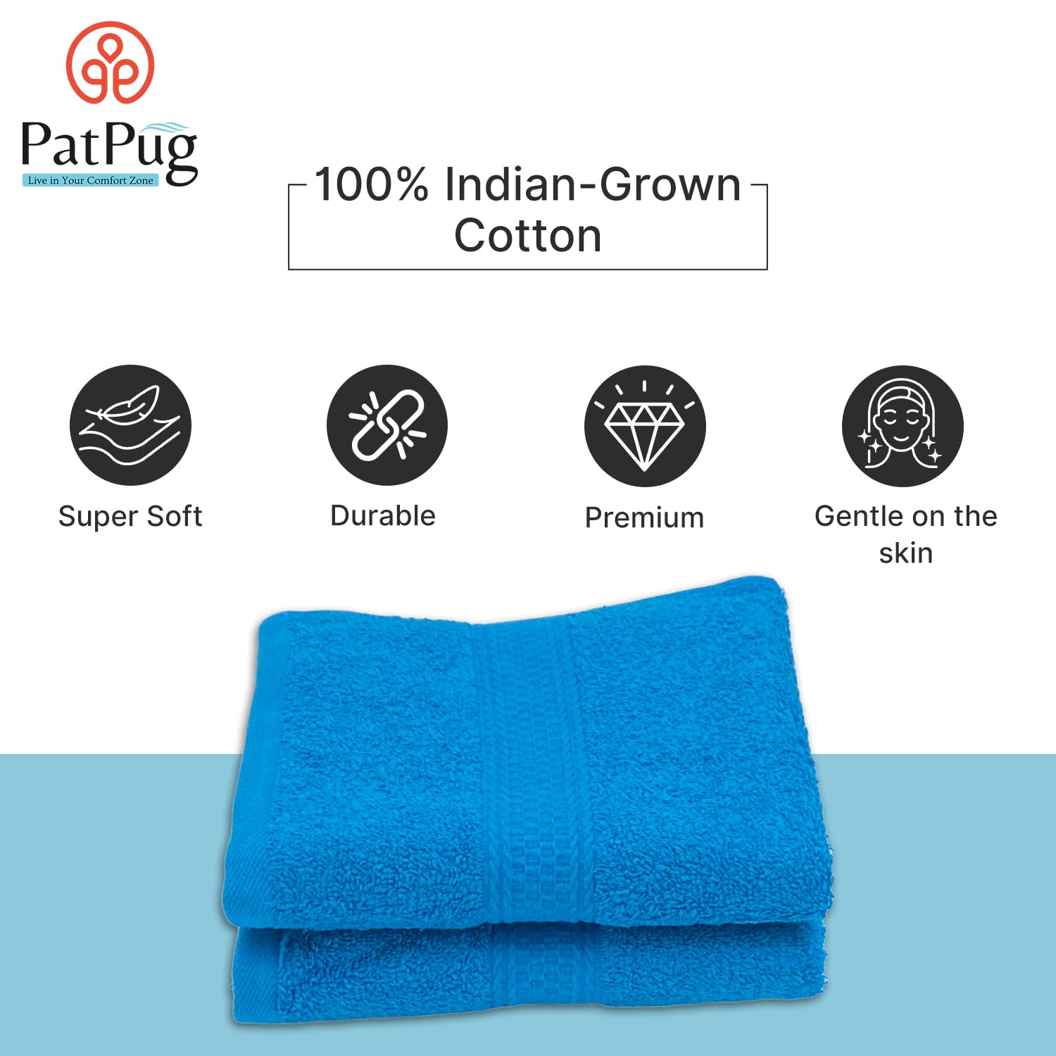 Patpug 100% Indian Ultra Soft Cotton Hand Towel 500 Gsm | For Gym, Workout, Yoga, Wash Basin (Turquoise Blue) -2 Piece