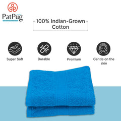 Patpug 100% Indian Ultra Soft Cotton Hand Towel 500 Gsm | For Gym, Workout, Yoga, Wash Basin (Turquoise Blue) -2 Piece