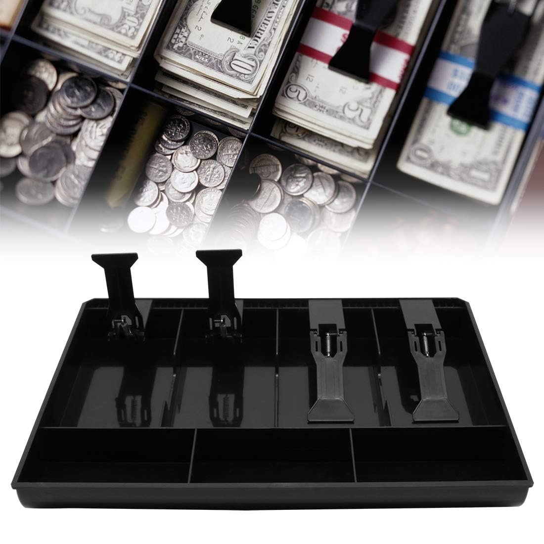 Abs Plastic Cash Tray - 4 Cash, Bills & 3 Coin Compartment Cash Drawer Safe Box, Special Feature - Compact, Colour - Black