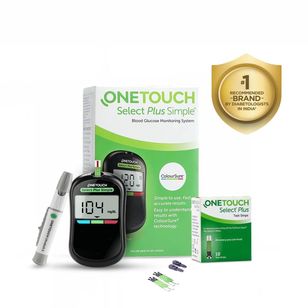 OneTouch Select Plus Simple Glucometer Machine | Simple & Accurate Testing Of Blood Sugar At Home - Blood Glucose Monitoring System | Free 10 Test Strips + 10 Sterile Lancets + 1 Lancing Device