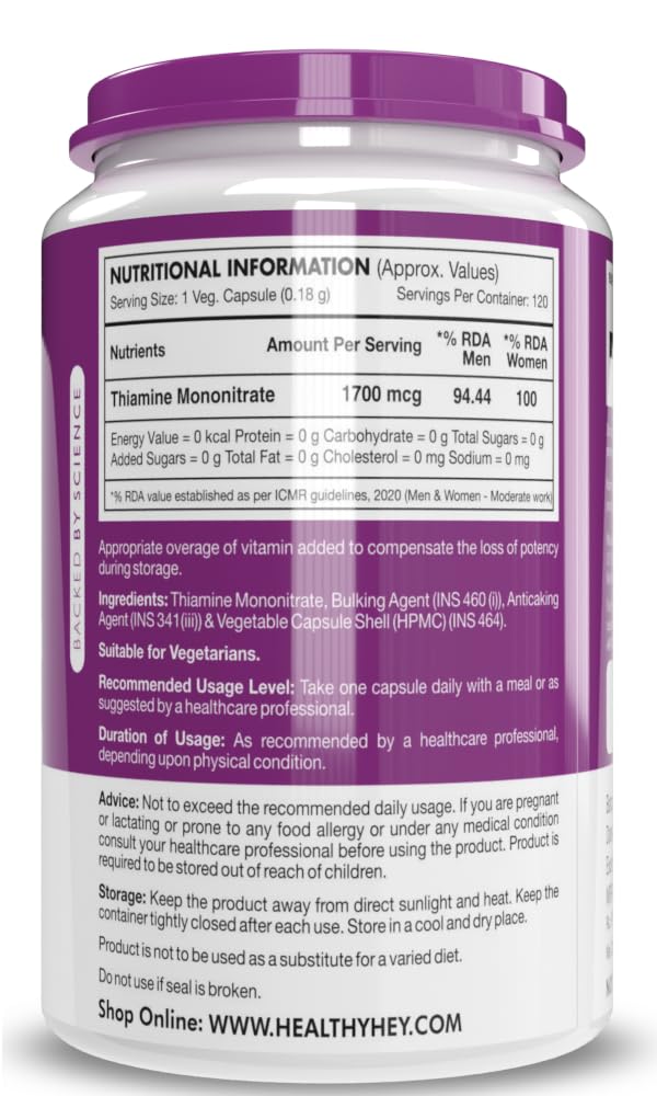 Healthyhey Nutrition Vitamin B1 Thiamine Mononitrate 1700mcg | 120 Veg Capsules, 200gm 0.4lbs