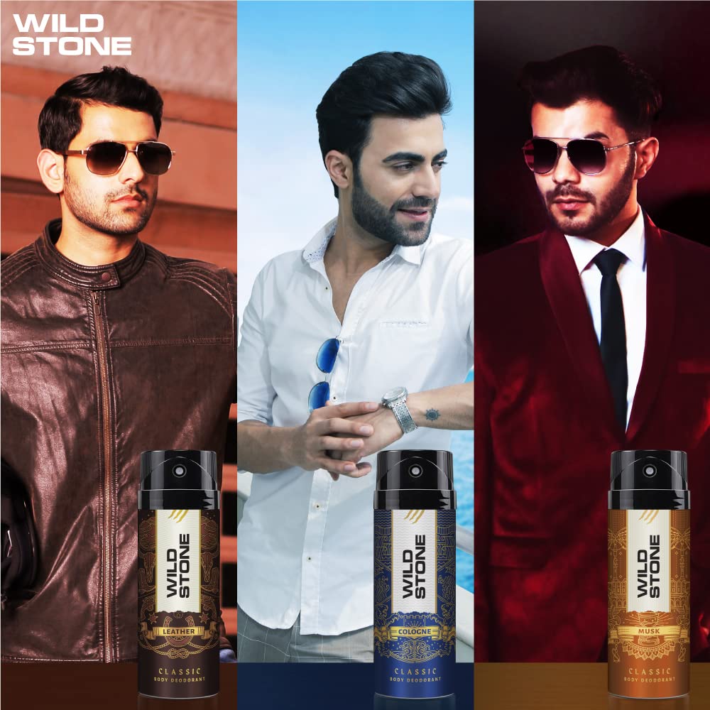 Wild Stone Classic Cologne, Leather & Musk Deodorants For Men Long Lasting Body Spray 675ml 22.8 Fl.oz. | Pack Of 3