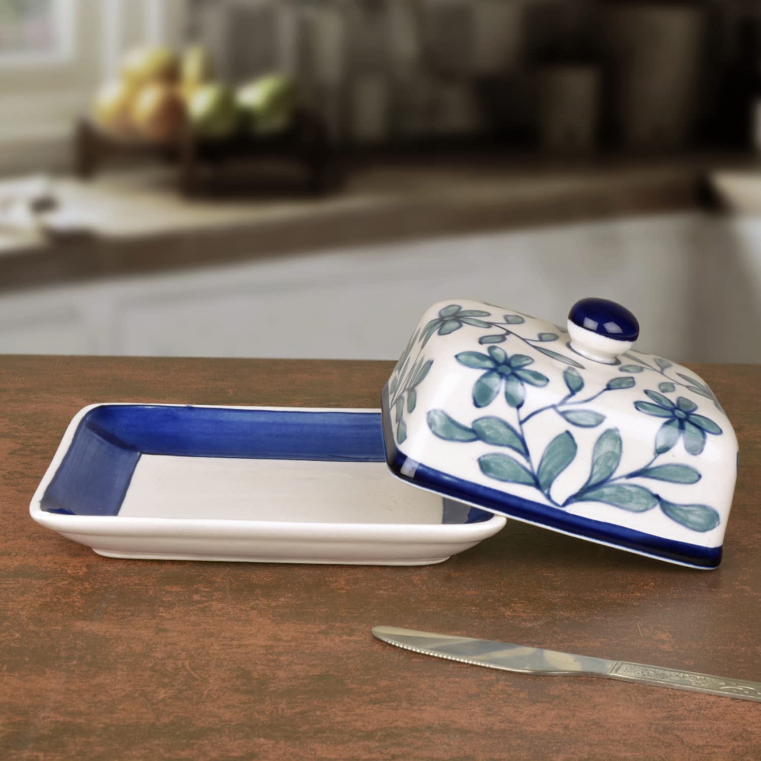 Hand Painted Ceramic Butter Dish With Lid - Blue & White, Height: 8 Cm | Butter Serving Set - Butter Container For 500 Gm