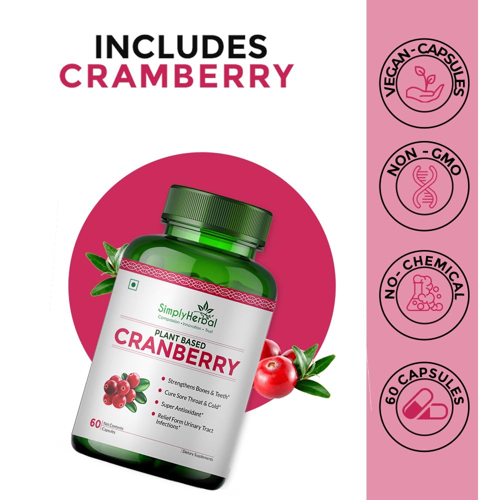 Simply Herbal D Mannose Cranberry Capsules 800mg Supplement With Powerful Probiotics & Antioxidants Promotes Urinary Tract Health, Strong Bones & Teeth For Women & Men | 60 Capsules 100gm 0.2lbs