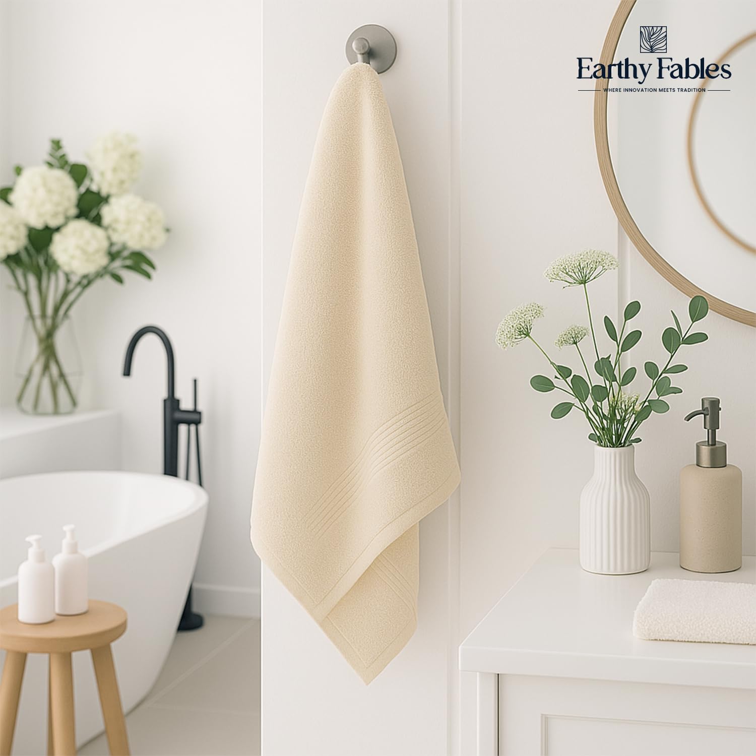 Earthy Fables Premium Bath Towel 600 Gsm | 100% Combed Cotton Ultra Soft, Quick Dry & Highly Absorbent For Home, Travel And Acne-Prone Skin (Beige) Set Of 2
