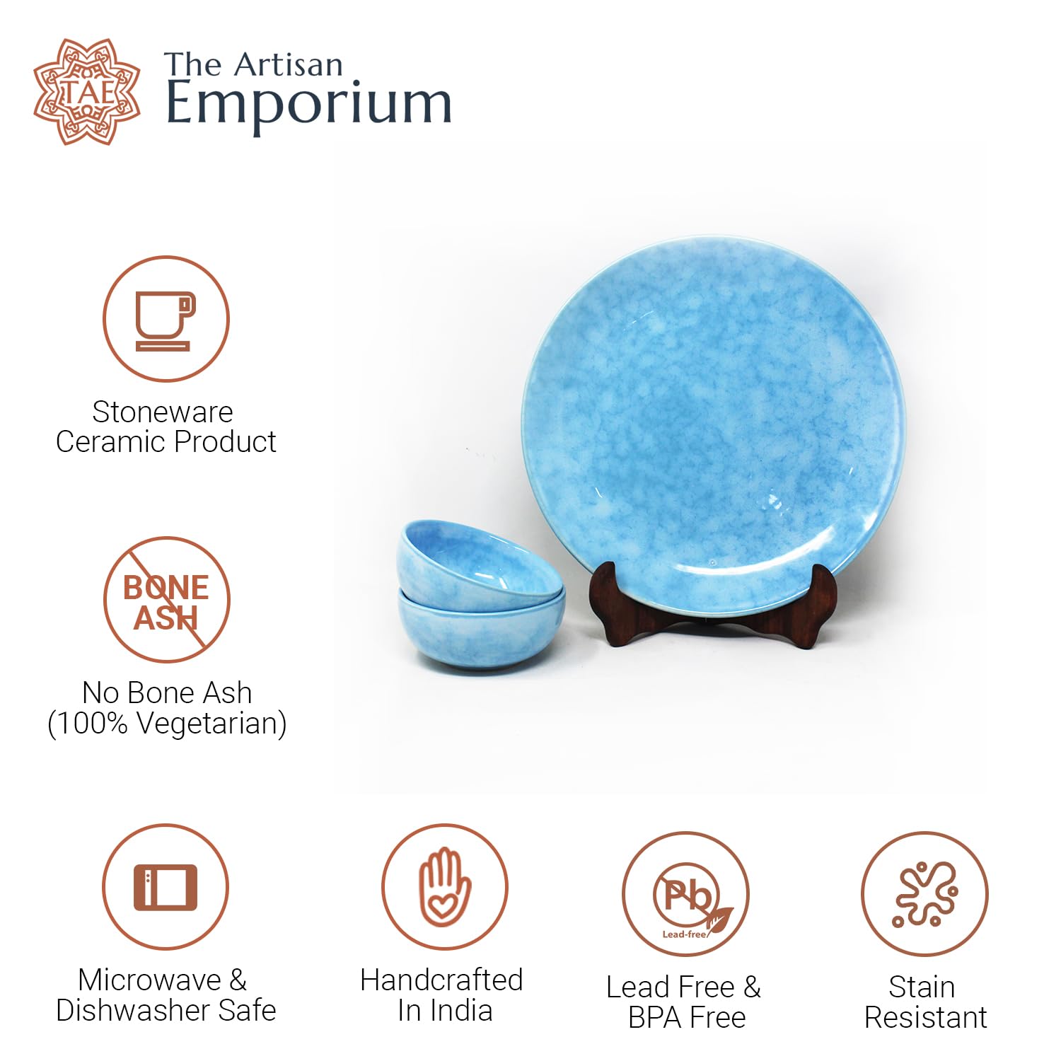 Neelam Handcrafted Ceramic Dinner Set - 12 Pieces, Blue | 6 Dinner Plates + 6 Katori Bowls, 180ml Each Dinnerware Set | Serving For 6, Microwave Safe & Dishwasher Safe