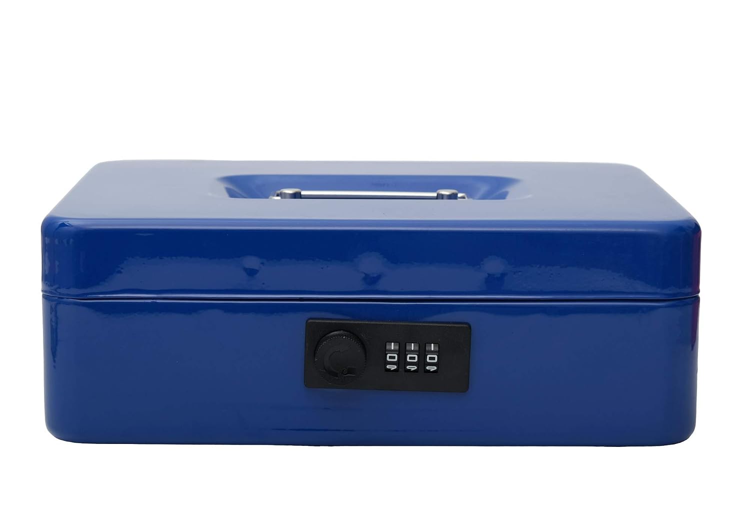 Metal Cash Box With Number Combination Lock, Size - Medium, Colour - Blue, Material - Iron, Special Feature - Removable Tray