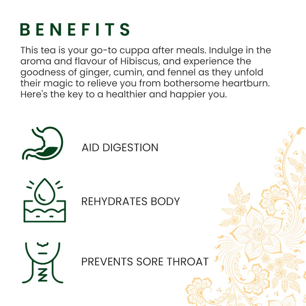 Roshi Ginger Hibiscus Digestive Delight Tea - 25 Teabags | Goodness Of Ginger, Saunf & Ajwain - Prevents Indigestion, Gas & Bloating | Caffeine Free - 100% Natural Ingredients