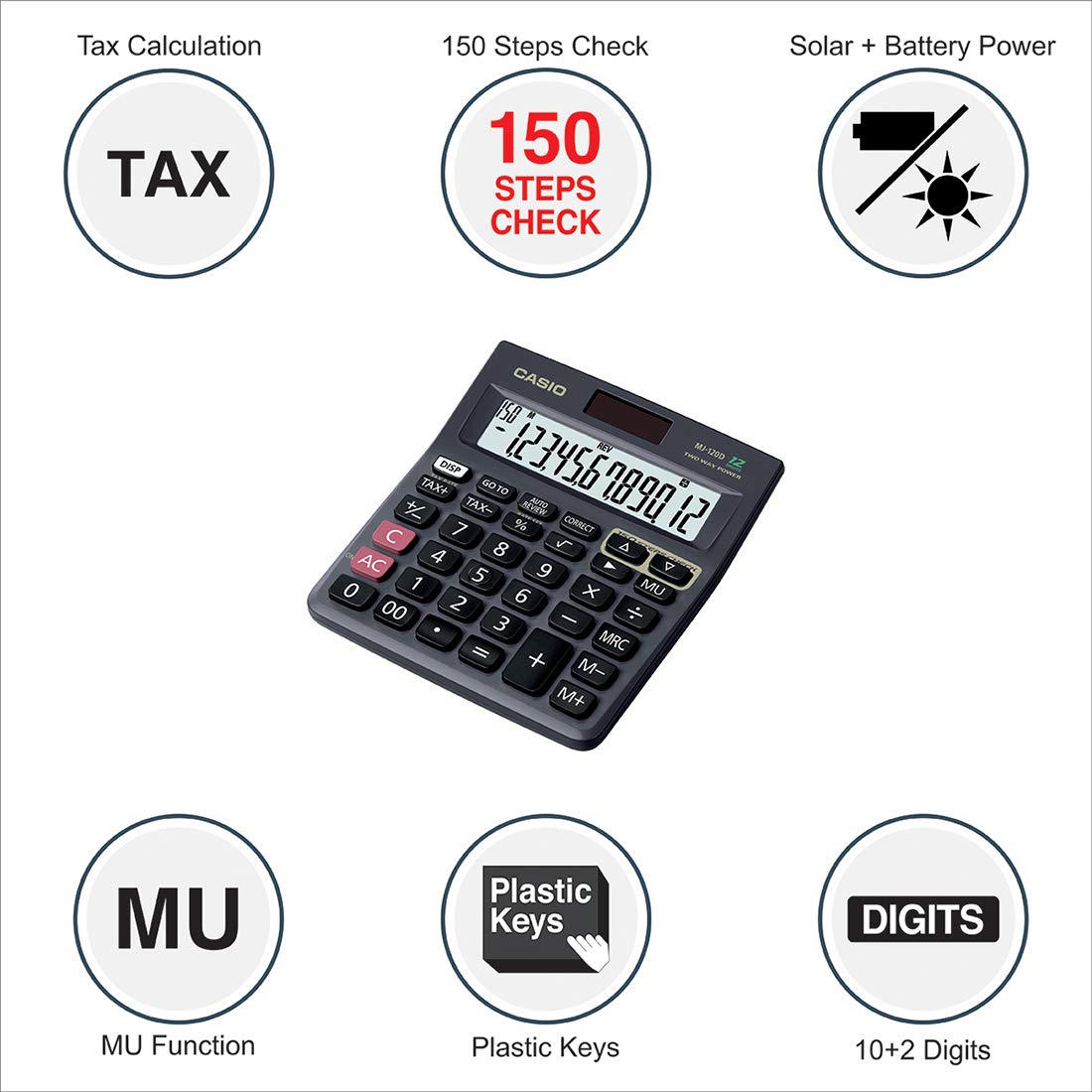Casio Mj-120d 150 Steps Check And Correct Desktop Calculator With Tax Keys | Calculation Of Price Plus Tax, Tax Amount, Price Less Tax