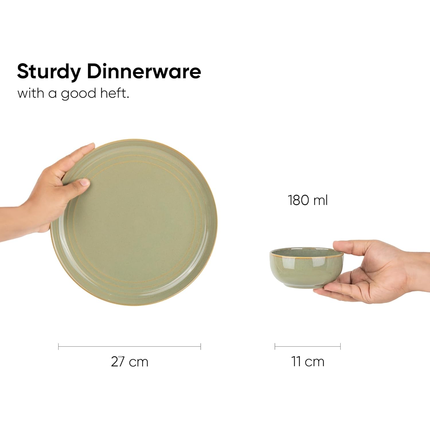 Ceramic Dinner Set Of 12 Pcs, Pistachio Green | Crockery Set For Dining Table - Dining Set Crockery Items | Glossy Finish Premium Stoneware Dinner Set | 6 Dinner Plates+ 6 Veg Small Bowls, 180ml Each