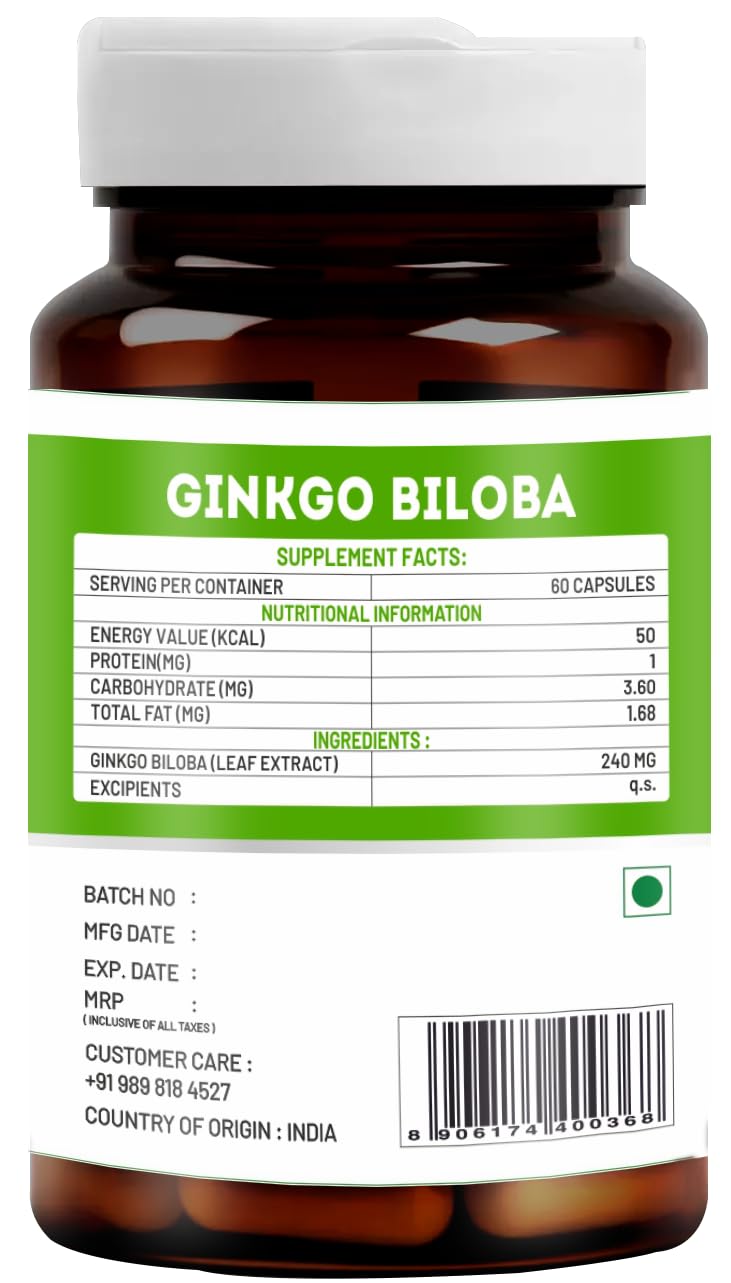 Vitawin Ginkgo Biloba For Brain Tonic, Herbal Nutrition Supplement, Natural, Helps To Improve Memory, Focus & Concentration | 60 Veg Capsules 100gm 0.2lbs