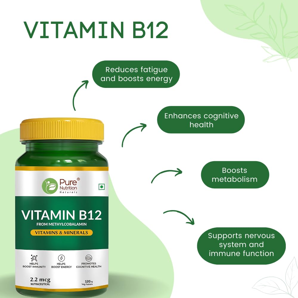 Pure Nutrition Vitamin B12 , Active Form Of Methylcobalamin | For Men & Women , Helps Boost Immunity & Energy , Promotes Brain & Nerve Health | 120 Veg Tablets , 200gm 0.4lbs