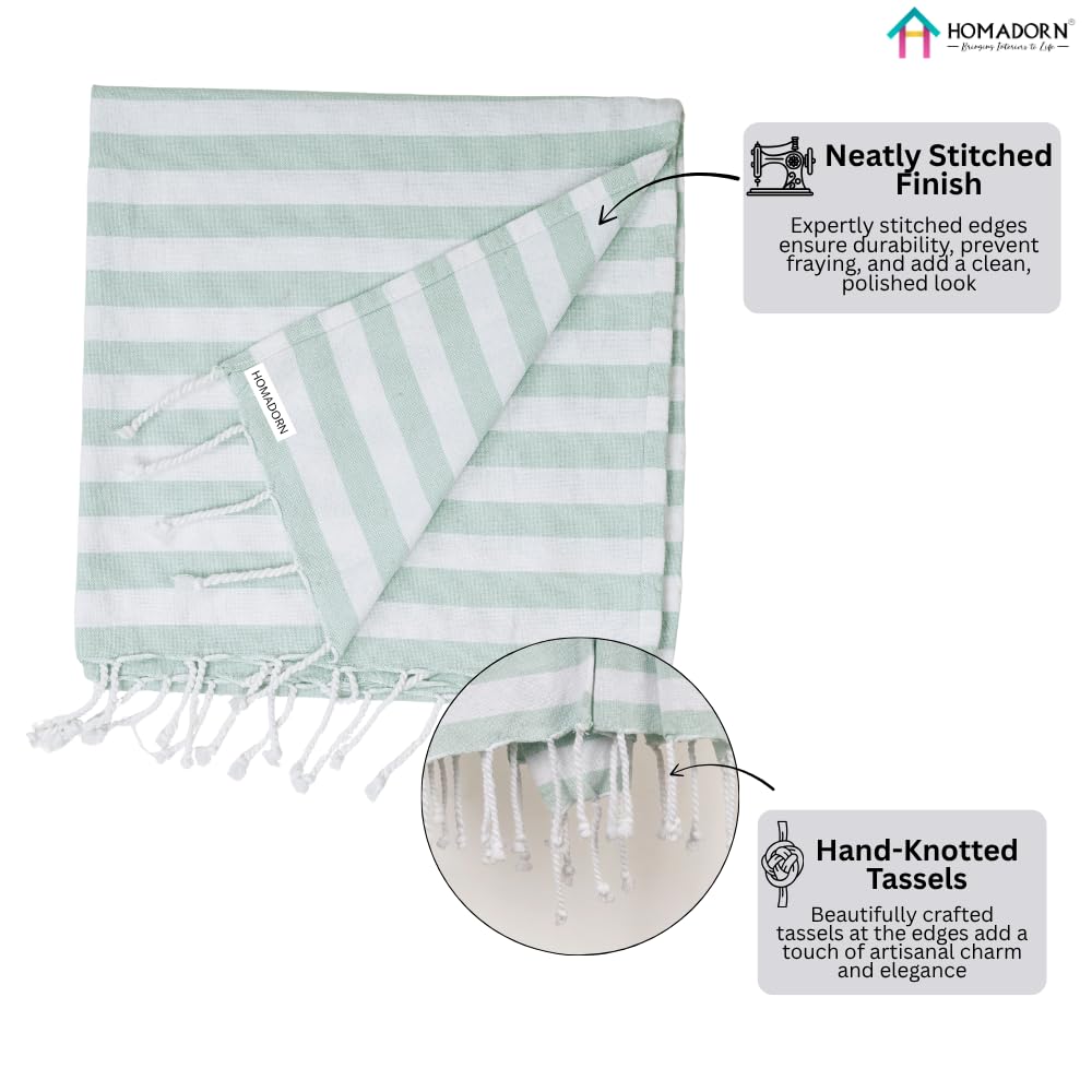 Homadorn 100% Cotton Striped Fouta Bath Towels 700 Gsm | Soft Quick Dry & Absorbent Hand-Knotted Tassels | Turkish Hamam Towel (Green - White)- Pack Of 2