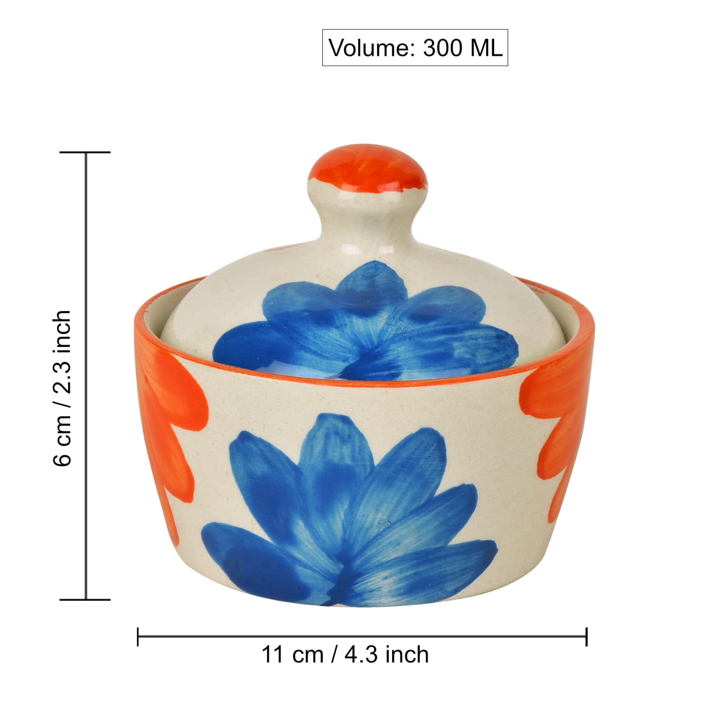 Hand Painted Ceramic Butter Pot With Lid - Red & Blue, 300ml | Chutney Jar - Pickle Pot, Jam Jar