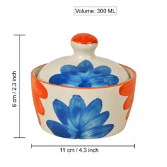 Hand Painted Ceramic Butter Pot With Lid - Red & Blue, 300ml | Chutney Jar - Pickle Pot, Jam Jar