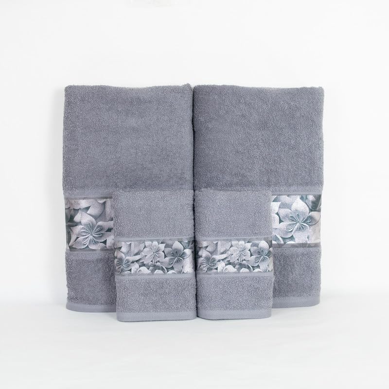 Rangoli 100% Cotton Fibre 2 Hand & 2 Bath Towels 1400 Gsm | Highly Durable & Absorbent With Printed Border | Quick Drying Towels (Grey) - Pack Of 4