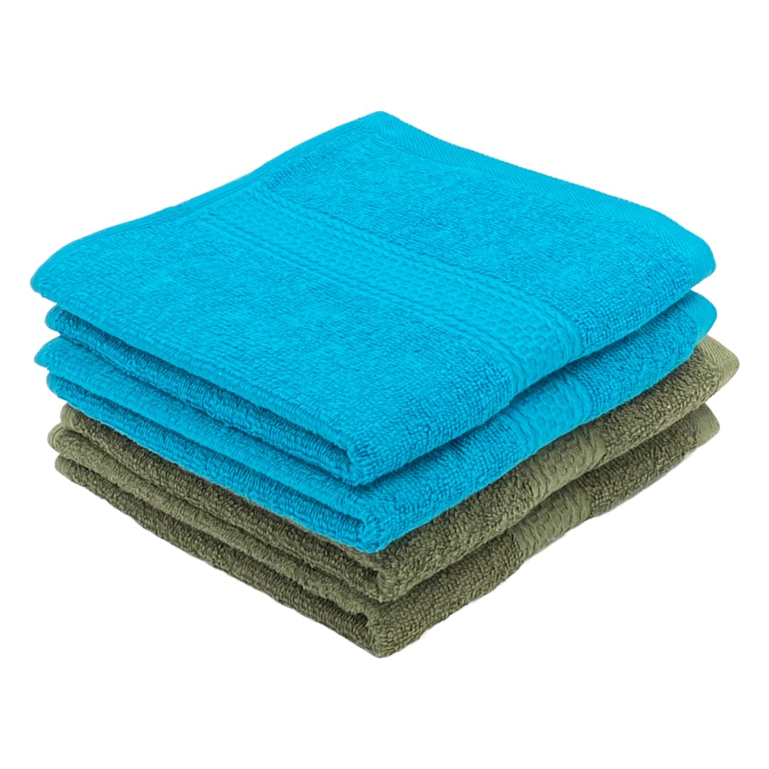 Patpug 100% Indian Ultra Soft Cotton Hand Towel 600 Gsm | For Gym, Workout, Yoga, Wash Basin (Olive Green & Teal) - 4 Piece