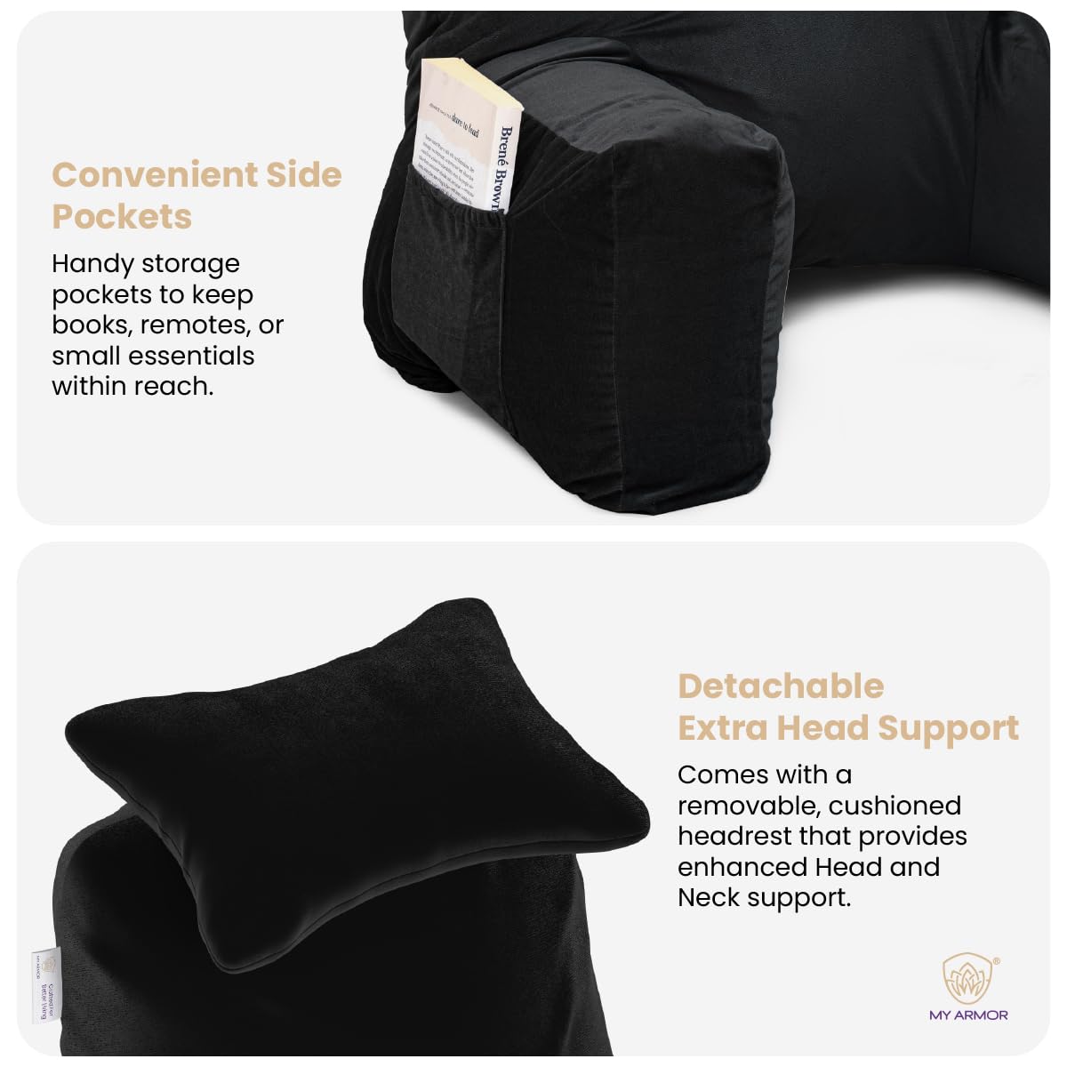 Backrest Pillow For Bed With Detachable Neck Rest & Support Arms - Black | Soft Reading Pillow, Back Support Wedge Pillow For Working, Seating & Relaxing In Bed, Adjustable Pillow