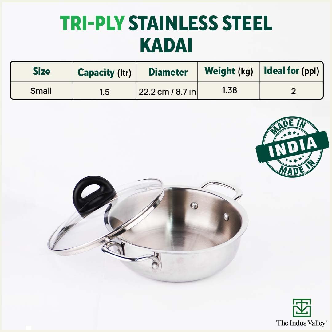 Triply Stainless Steel Deep Kadai With Glass Lid - 22.2cm, 8.7 Inch, 1.5 Liters, 1.38 Kg | Induction Friendly, Nonstick 3-Layer Body, 100% Pure & Toxin-Free, Silver