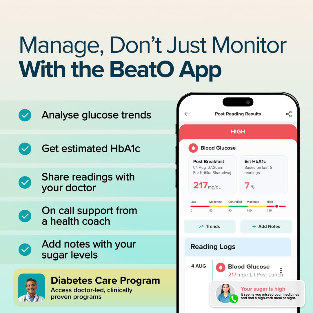 Beato Curv Sugar Test Machine | FREE 50 Strips & 50 Lancets (Type-C USB Connector) | Simple & accurate testing of Blood sugar levels at home |Smartphone Connected Glucometer Machine | Android only | ISO Certified: Made in India