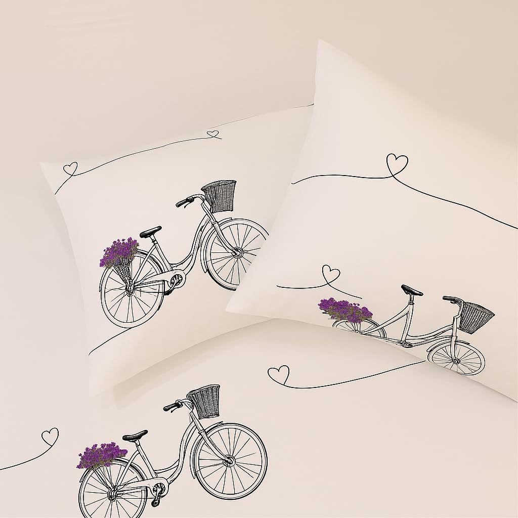 Bedsheet For Double Bed Includes Pillow Covers - Double Bed Size 90 X 100 Inches, White | Fun & Colorful City Bicycle Print | Soft, Wrinkle-Free & Cozy Bedding