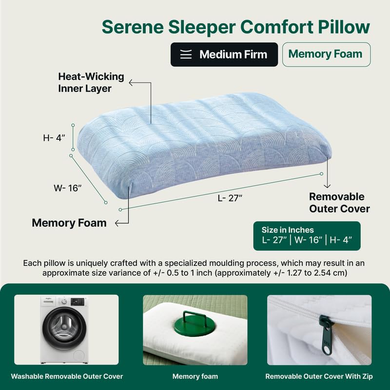 Cervical Ergonomic Orthopedic Memory Foam Wave Designed Bed Pillow, Big Size - 26.5 L X 15.5 W X 4.5 H Inch | Pillow For Sleeping, Neck Support, Back Pain Relief For All Sleeping Positions