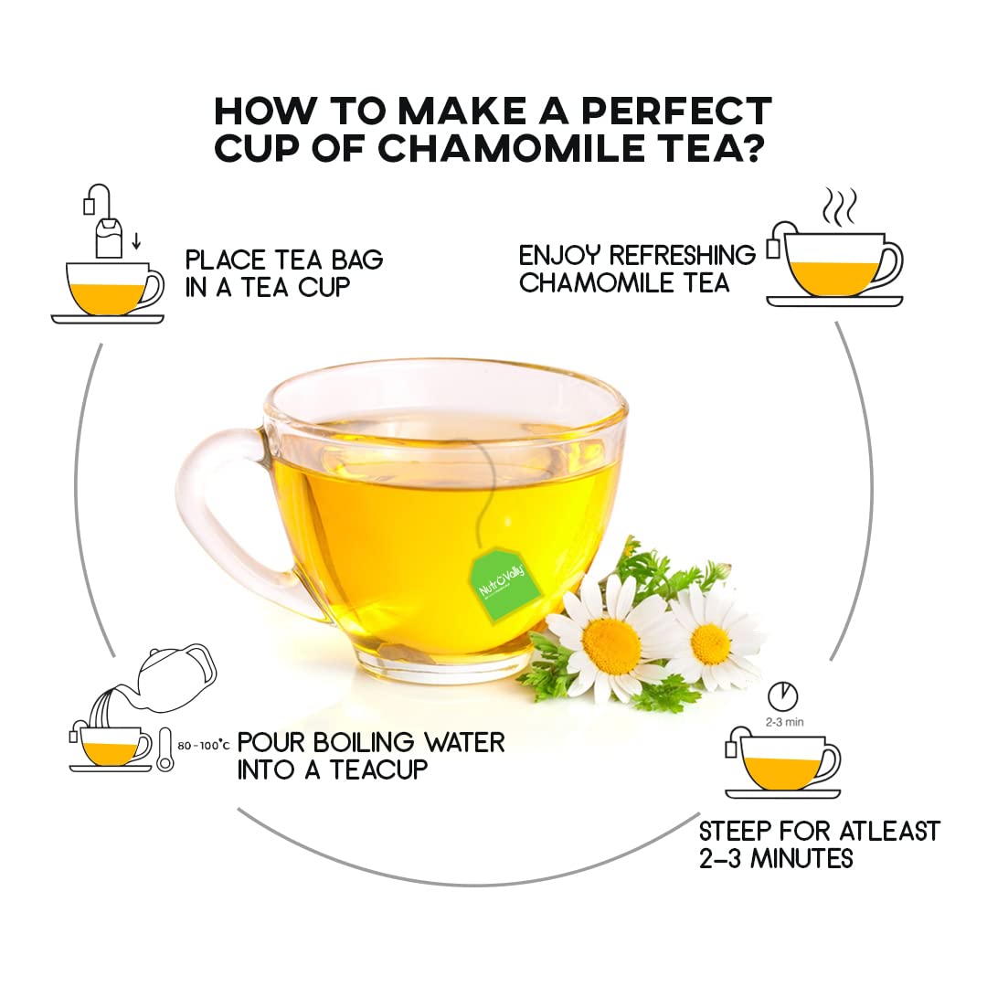 Nutrovally Chamomile Tea - 25 Tea Bags | Improve Sleep Cycle & Skin Health - Refreshing Pure Flowery Loose Leaves | Caffeine Free, Gluten Free, Sugar Free
