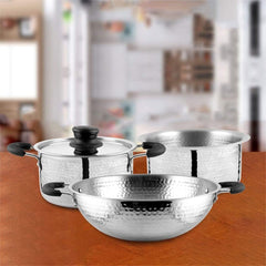 Stainless Steel Light Weight Hammered Cookware Set Of 3 Pieces, Silver | 1 Kadhai+ 1 Patila+ 1 Casserole - Easy To Clean & Dishwasher Safe