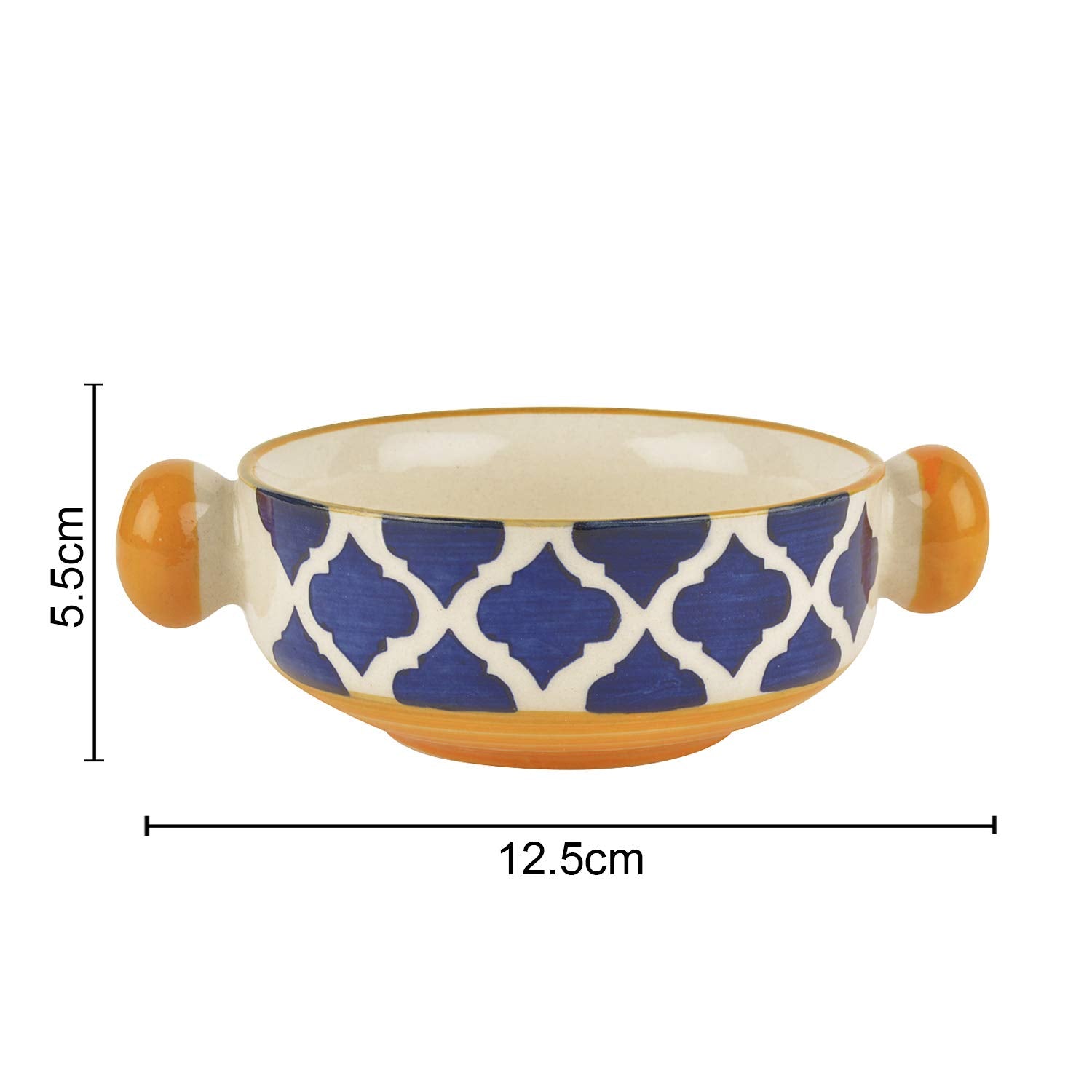 Ceramic Hand Painted Mughal Design Soup Bowls With Handle Set Of 6 - 300ml Each, Blue & Yellow | Ceramic Maggi Bowls - Cereal Bowls