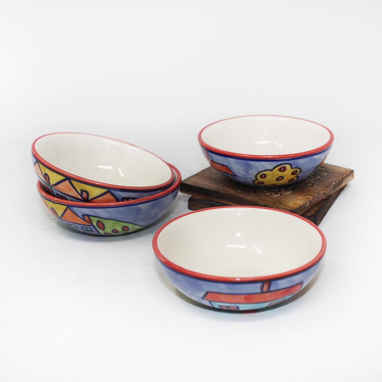 Exotic Panorama Small Ceramic Dip Bowls Set - 4 Pieces, 50ml Each, Multicolor | Hand Painted Mini Chutney Bowls - Pickle Small Katoris For Serving Sauce