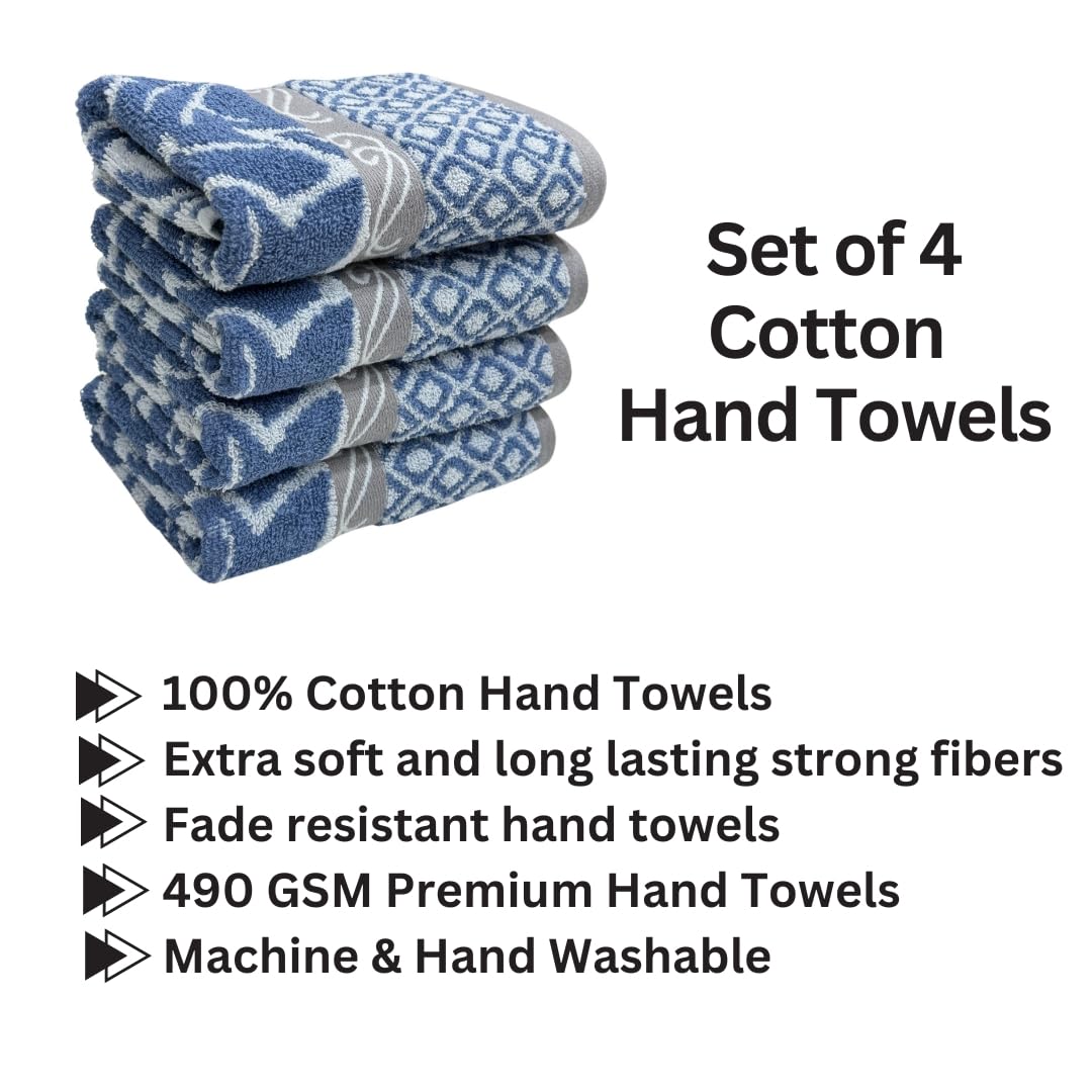 Stamio Cotton Hand Towels 490 Gsm | Towel For Men & Women Home Kitchen Use, Gym, Wash Basin, Sports, Travel | Jacquard Towel, Light Blue (Set Of 4)