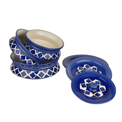 Hand Painted Ceramic Handi With Lid Set Of 3 - Blue & White | Dinner Serving Bowls - Biryani Handis, Serving Pots - 1200ml, 800ml, 600ml