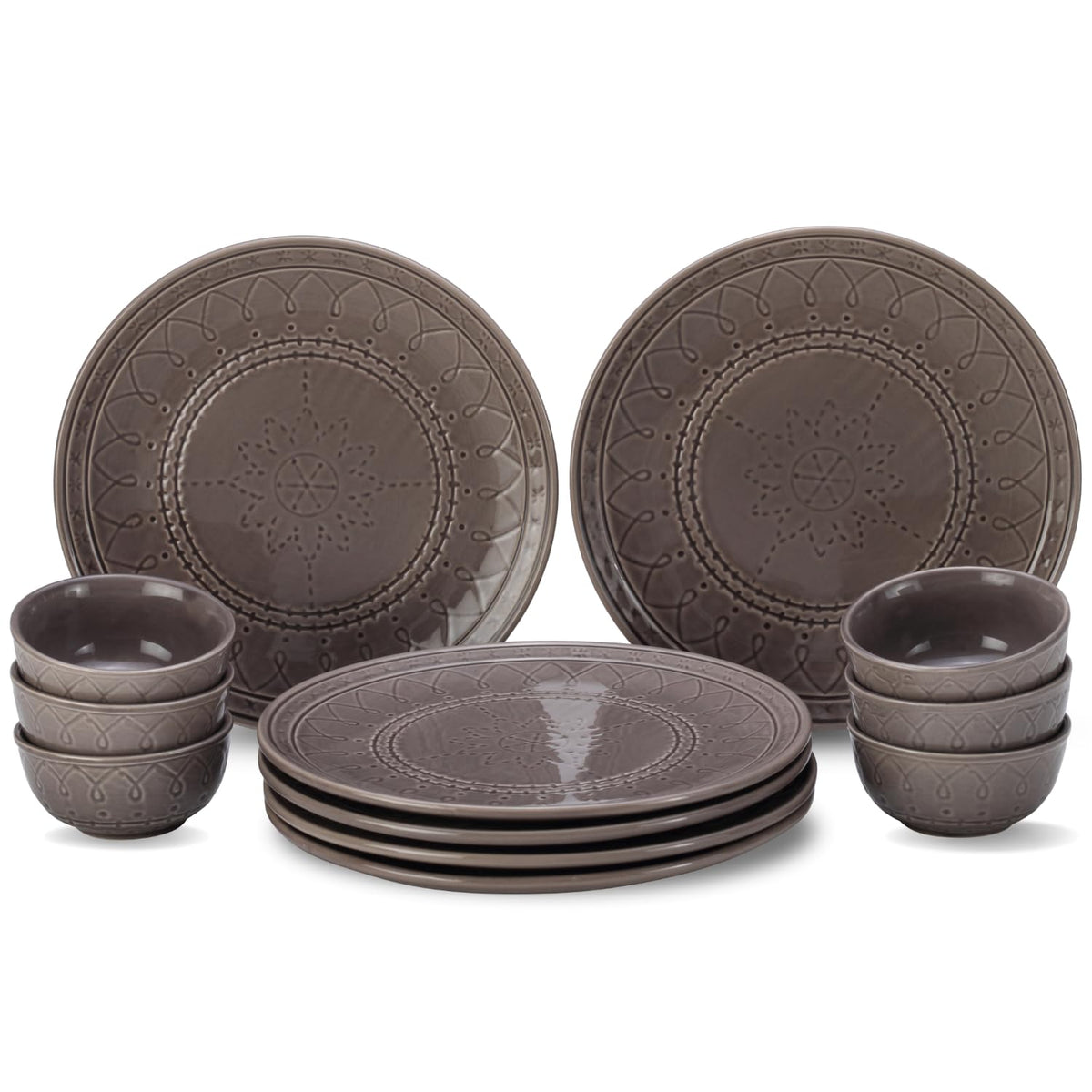 Handcrafted Stoneware Embossed Dinner Set Of 6 - Ceramic Pack Of 12 Pcs, Ash Grey | 4 Dinner Plates + 4 Bowl Or Katori, 180ml Each - Microwave & Dishwasher Safe | Serving For 6