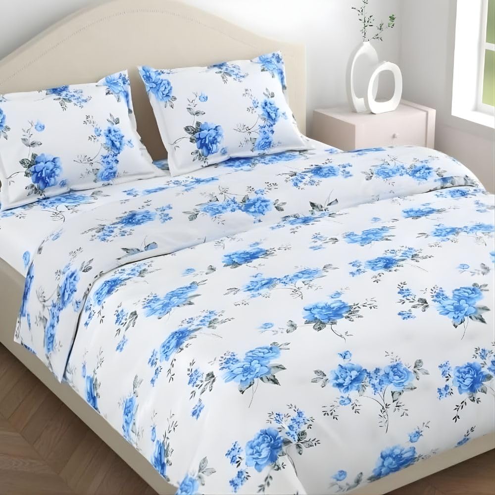 Flat Bedsheet Queen Size Bed With 2 Pillow Covers - 100 X 90 Inches, White & Blue | Soft, Breathable & Durable | Skin-Friendly & Durable