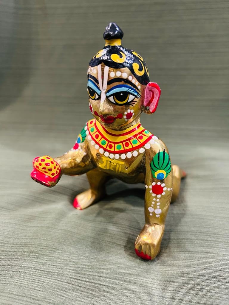Fine Brass Made Full Painted Laddu Gopal Statue, Brass, Multi, Bal Gopal Idol, Hand Painted Murti, For Home Temple, Lord Krishna Baby Krishna Murti, Thakur Ji