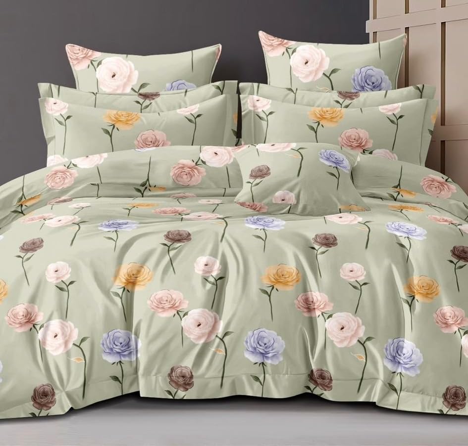 Cotton Elastic Fitted Printed Queen Size Double Bed Bedsheet With 2 Pillow Cover | 60 X 78 Inches, Mint Green - Soft Touch, Wrinkle Resistant, Skin Friendly